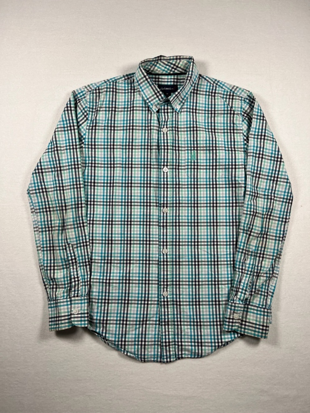 Jonnie-O Madras Teal Plaid Long Sleeve Button Down Shirt Boys Size 14